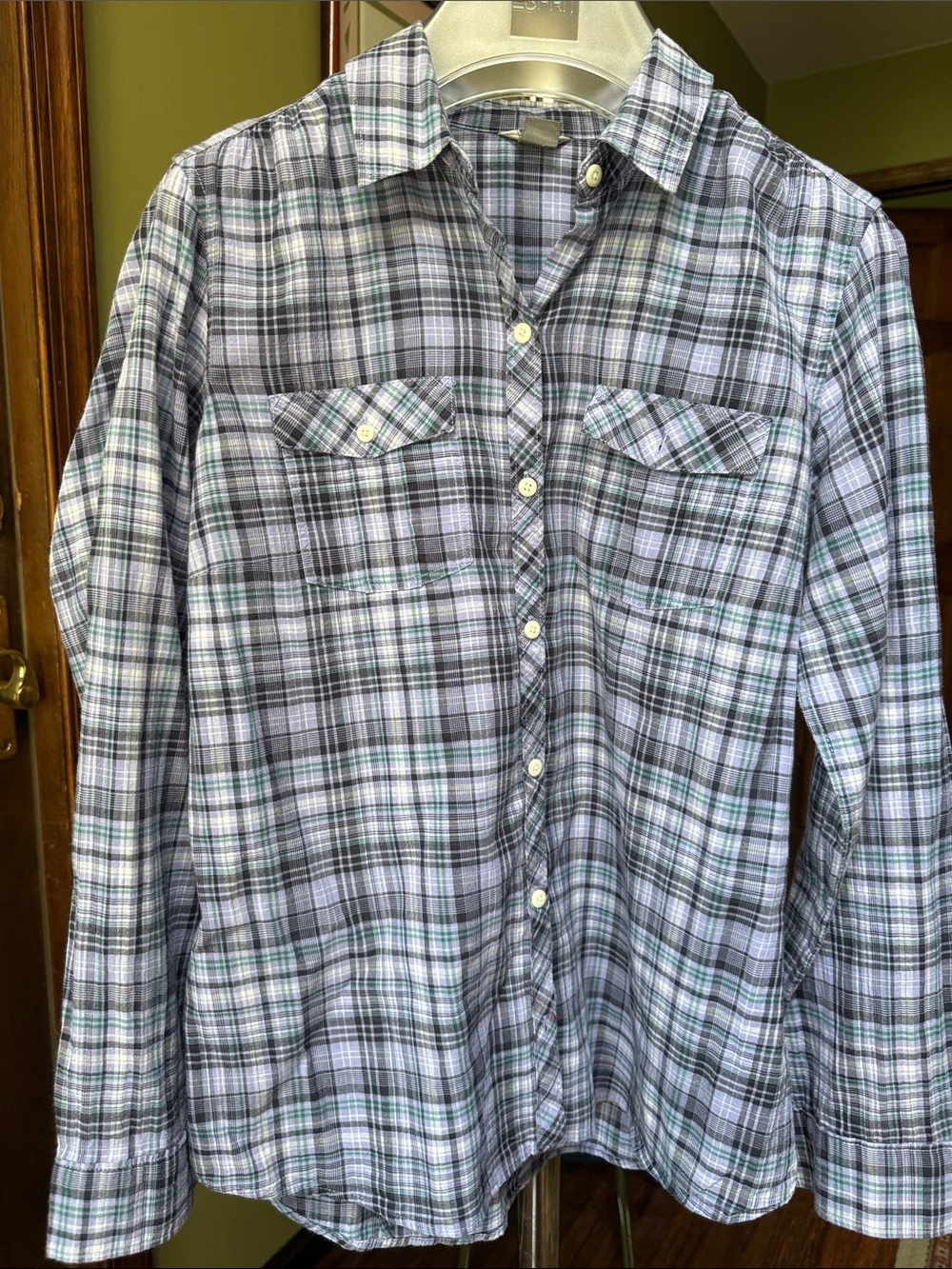 Eddie Bauer Plaid Button-Down Shirt in Blue, Gray, Green